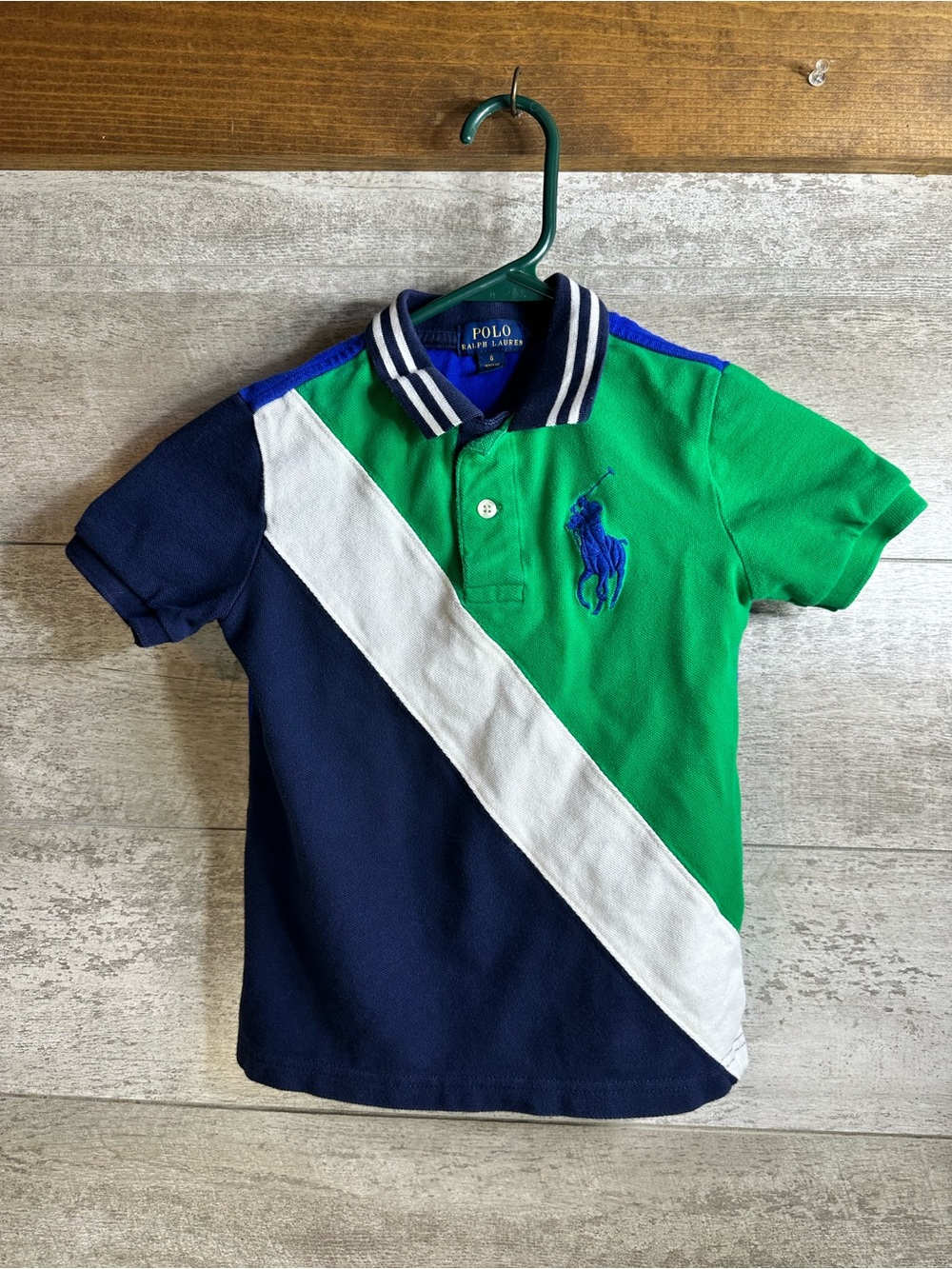 Polo by Ralph Lauren Green, Navy & White Diagonal Stripe Polo w/Big Blue Pony -6